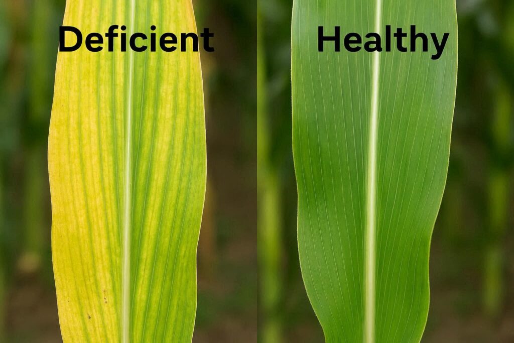 deficient yellowing leaf vs healthy green leaf