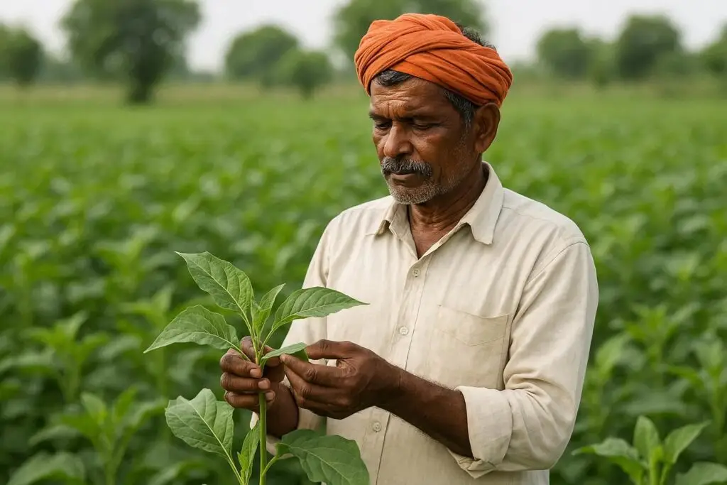 farmer inspecting healthy crop