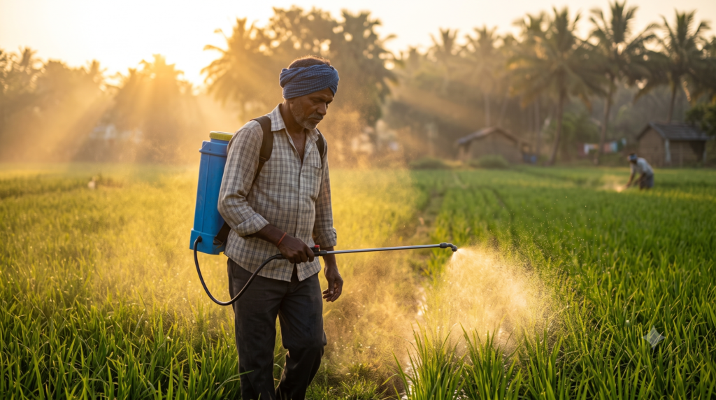 farmer applying bio pesticide spray to crop field