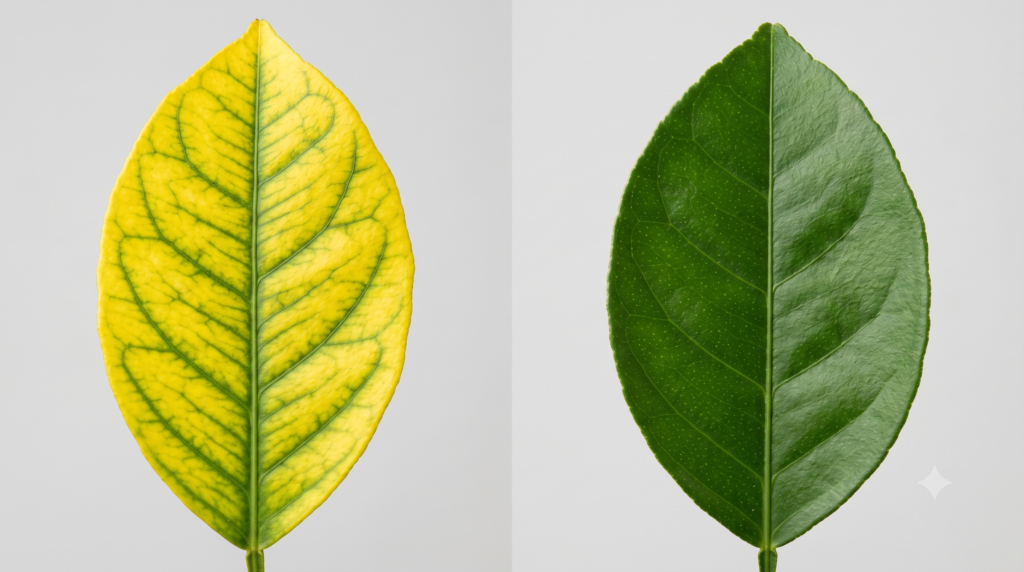Why Chelated Micronutrients Are a Game - Changer for Indian Soils iron deficiency chlorosis compared to healthy leaf